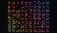 A grid chart of 74 stylized sigils for the 72 demons of the Ars Goetia (Lesser Key of Solomon), each rendered in a thin geometric line-art style with crosses, circles, and swirling flourishes. The sigils are arranged in rows of ten, colored in a gradient from coral/red at top-left through pink, purple, and blue in the upper rows, transitioning to green, yellow, and orange tones in the lower rows. Each symbol is labeled with its number and demon name(s), including alternate name spellings, running in traditional order from 1. Bael through 72. Andromalius.