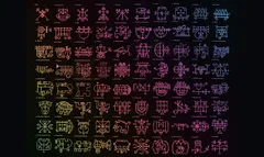 A grid chart of 74 stylized sigils for the 72 demons of the Ars Goetia (Lesser Key of Solomon), each rendered in a thin geometric line-art style with crosses, circles, and swirling flourishes. The sigils are arranged in rows of ten, colored in a gradient from coral/red at top-left through pink, purple, and blue in the upper rows, transitioning to green, yellow, and orange tones in the lower rows. Each symbol is labeled with its number and demon name(s), including alternate name spellings, running in traditional order from 1. Bael through 72. Andromalius.