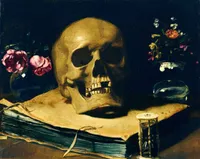 Oil painting of a vanitas still life: a human skull resting on an open book with blue-edged pages, set against a dark background. To the left, pink roses in a glass vase; to the right, a bouquet of colorful flowers with a small paper scroll bearing handwritten text. An hourglass sits on the book's edge in the lower right, and a dark, curved snuffed candle rests near the flowers.