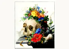 A vanitas still life painting of a human skull crowned with a lush bouquet of flowers (yellow chrysanthemums, blue cornflowers, orange daisies, morning glories, and a red poppy), with a butterfly and small snail resting among the blooms. A curled sheet of music and a stalk of wheat lie in front of the skull, a long bone rests beside it, and a guttering candle and hourglass-like object sit in the shadowy background, all on a stone ledge.