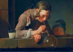 Oil painting of a young man in a loose beige coat, leaning out through a stone window ledge, blowing a large soap bubble on a straw. He grips the ledge with one hand while a smaller child peers over the sill beside him, watching intently. A cup of soap solution sits nearby. Dark, muted background typical of 18th-century Dutch/French genre painting.
