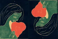 Two-panel woodcut-style illustration in a bold flat-color palette of navy, green, cream, and red-orange. Each panel shows a profile portrait of a figure with long flowing dark hair rendered in loose linear strokes, their face in shadowed green tones with closed or downcast eyes. A large abstract red-orange shape, suggestive of a heart, overlaps the lower face near the mouth in both panels. The left panel sits on a dark navy background; the right panel's background is split between green and navy. The two panels mirror each other in composition