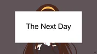 A title card reading 'The Next Day' in large black sans-serif text on a white rectangle, overlaid on the same minimalist fan art of an anime girl with long dark brown hair and a yellow headband. Only the top of her head and the lower portion of her dark school uniform and flowing hair are visible behind the text block. The background is flat grey. A small artist's signature appears in the lower right corner.