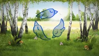 A simple blue line drawing of three birds overlaid on a serene forest clearing. The background shows birch trees framing a sunlit meadow with wildflowers, ferns, and mushrooms growing in lush green grass.