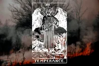 The Temperance tarot card (XIV) overlaid on a wildfire background. The black and white card depicts a winged angel with a radiant halo, wearing flowing robes with a triangle symbol on the chest. The angel pours liquid between two cups, one in each hand. The scene includes a sun symbol in the lower left, water at the angel's feet, iris flowers on the right, and mountains in the distance.