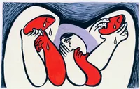 Bold graphic ink illustration in red, black, and dusty blue. A central hooded figure with one visible tearful eye has a red hand clamped over their mouth. On either side, two elongated red limb-like forms end in open, shouting mouths with teeth bared, tears dripping down. Dark wavy shapes frame the top of the composition against a cream background.