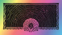 A black ink illustration on a rainbow gradient background that shifts from yellow-green at the left through orange, pink, and purple to blue at the right. The illustration depicts a large spider web rendered as concentric semicircular arcs radiating outward from a central point at the bottom, with radial lines crossing them in a dotted, hand-drawn style. At the center bottom sits a stylized spider figure surrounded by a geometric mandala of triangles and star-like forms, set against a bright magenta-pink circle. The entire composition is framed by a rectangular border decorated with repeating geometric diamond and triangle motifs along the edges. Small flies are scattered throughout the web