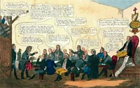Hand-colored 19th-century political cartoon (labeled 'N° 1') satirizing the Catholic Emancipation debate in Ireland/Britain. A crowded room of men in formal coats and a few barristers in robes sit and stand around tables, gesturing animatedly. Eleven numbered speech balloons rise above the group, debating a 'cat let out of the bag' metaphor for a doctor's (likely a Catholic Board spokesman's) admission about an oath against subverting the Protestant Church, with characters worrying that 'Orangemen' will seize on the remark and invoking memories of 1798. In the upper right corner stands a harp topped with a cross beside a 'Senatorial Catholic Board' placard. At far right, a well-dressed man sits in a red armchair holding a scroll labeled with a list of penal laws against Protestants. At far left, on an elevated wooden platform, two onlookers labeled 'Orange Boven' watch the scene and comment from above.