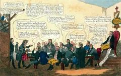 Hand-colored 19th-century political cartoon (labeled 'N° 1') satirizing the Catholic Emancipation debate in Ireland/Britain. A crowded room of men in formal coats and a few barristers in robes sit and stand around tables, gesturing animatedly. Eleven numbered speech balloons rise above the group, debating a 'cat let out of the bag' metaphor for a doctor's (likely a Catholic Board spokesman's) admission about an oath against subverting the Protestant Church, with characters worrying that 'Orangemen' will seize on the remark and invoking memories of 1798. In the upper right corner stands a harp topped with a cross beside a 'Senatorial Catholic Board' placard. At far right, a well-dressed man sits in a red armchair holding a scroll labeled with a list of penal laws against Protestants. At far left, on an elevated wooden platform, two onlookers labeled 'Orange Boven' watch the scene and comment from above.