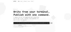 Screenshot of the writer-cli homepage. The page header reads 'WRITER-CLI' followed by the headline 'Write from your terminal. Publish with one command.' A subheading describes it as a command-line tool for bloggers with a static site who want to open a terminal, write something, and have it live on the Internet. Below is a dark install command: curl -fsSL https://raw.githubusercontent.com/brennanbrown/writer-cli/main/INSTALL.sh | bash, with a 'copy' button. A note below states it installs to ~/.local/bin/ and links to the installer source. Navigation links at the top read: home, guide, reference, source, GitHub.